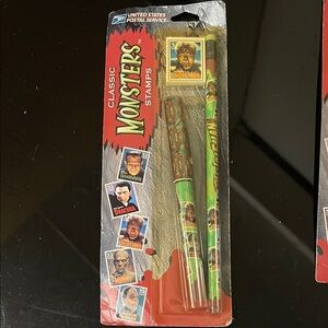 Classic Monsters Stamps and Pencil Set - Green Wolf man pen and pencil sets
